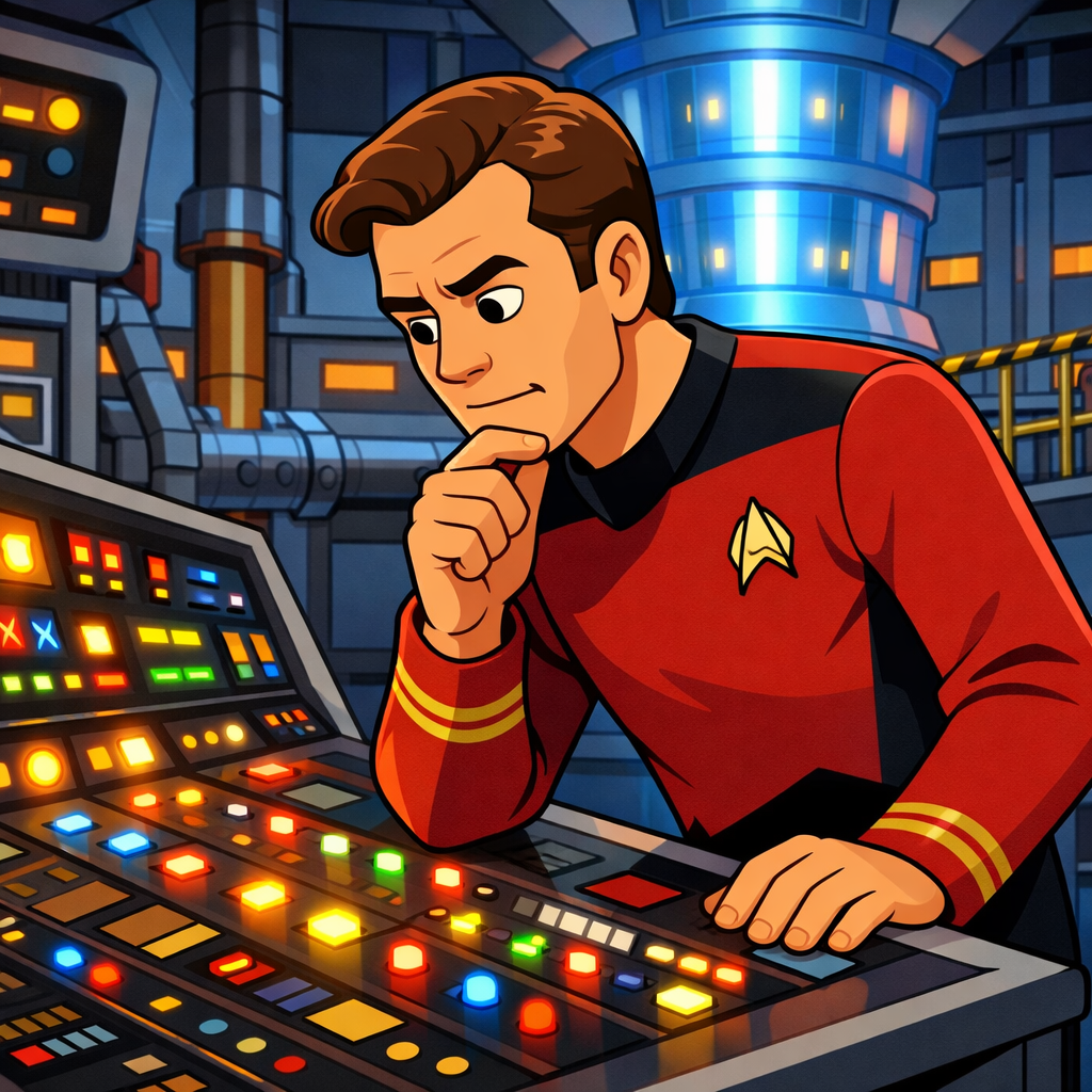A cartoon of a Startrek Captain down in Engineering looking at blinking lights on a console-1