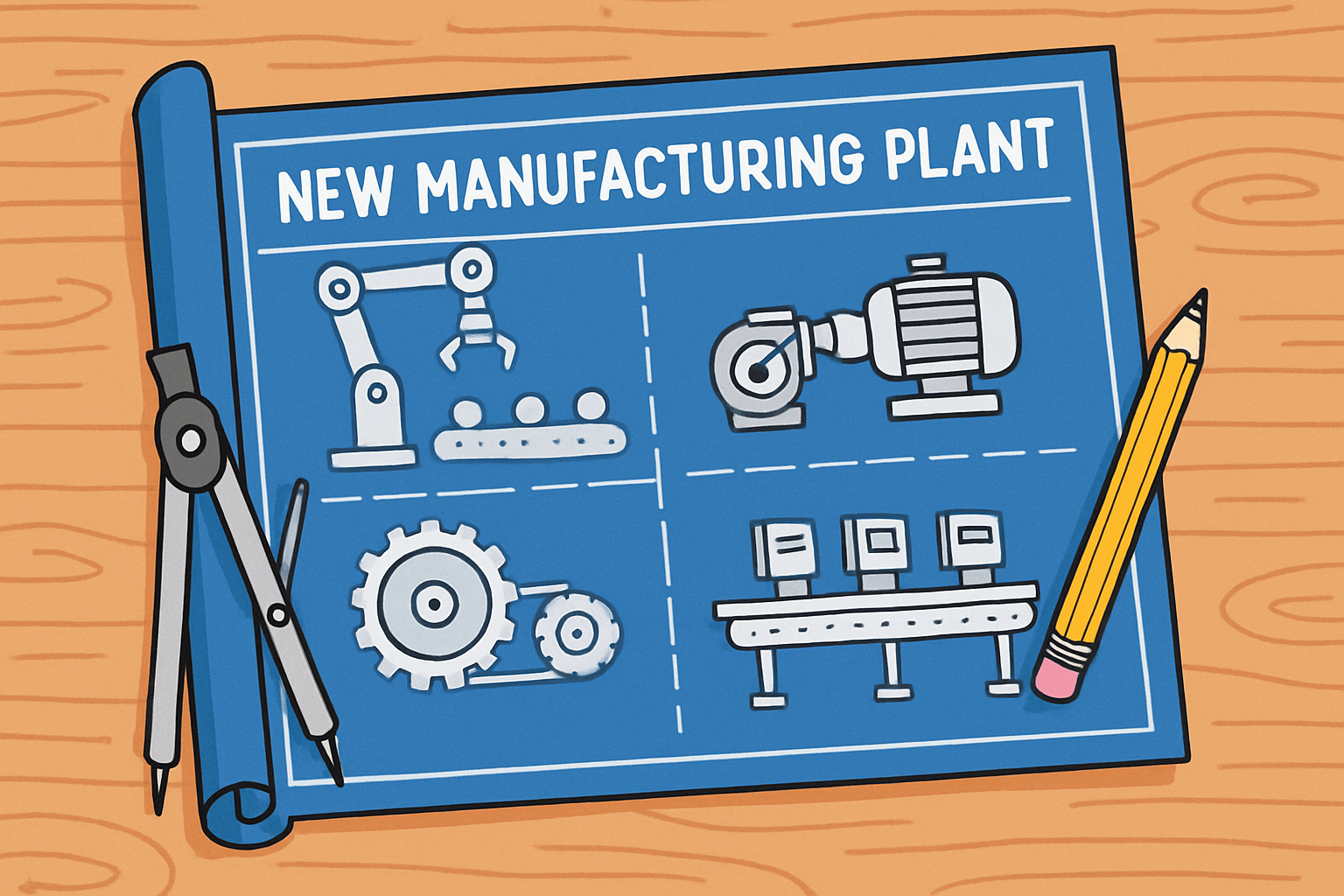 A cartoon style flat lay of blueprints for a new manufacturing plant line