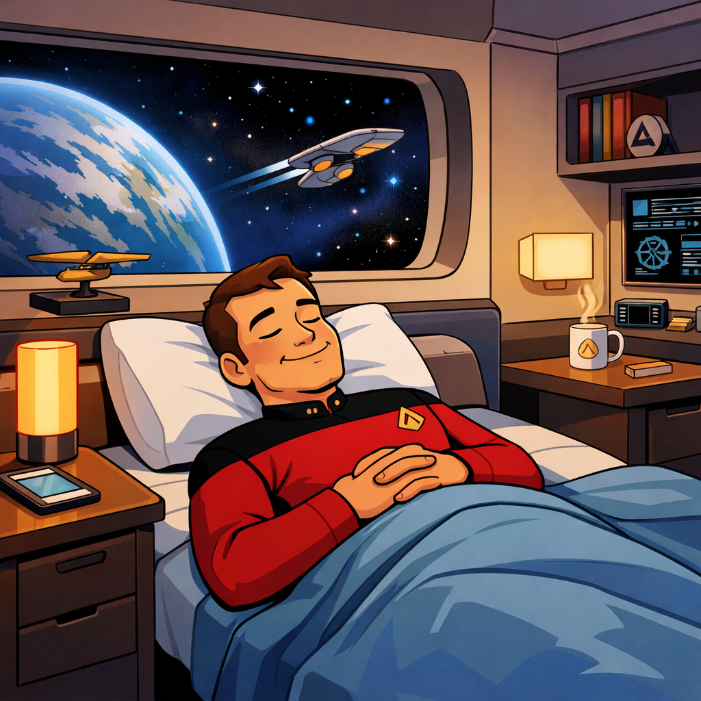 A cartoon style image of a Starfleet Captain resting peacefully in his quarters