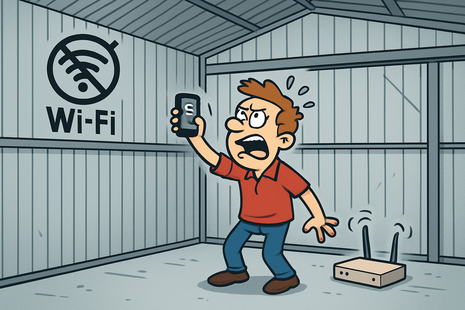 A cartoon style image showing trying to get wifi to work inside a metal building