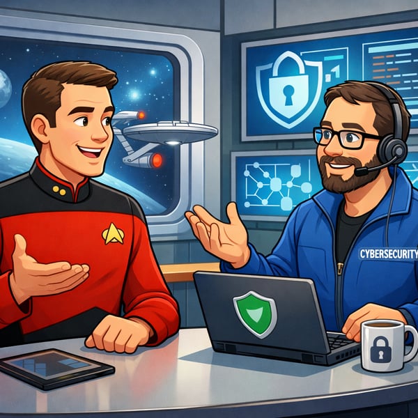A cartoonstyle image of a Starfleet Commander talking with a comanaged cybersecurity partner-1