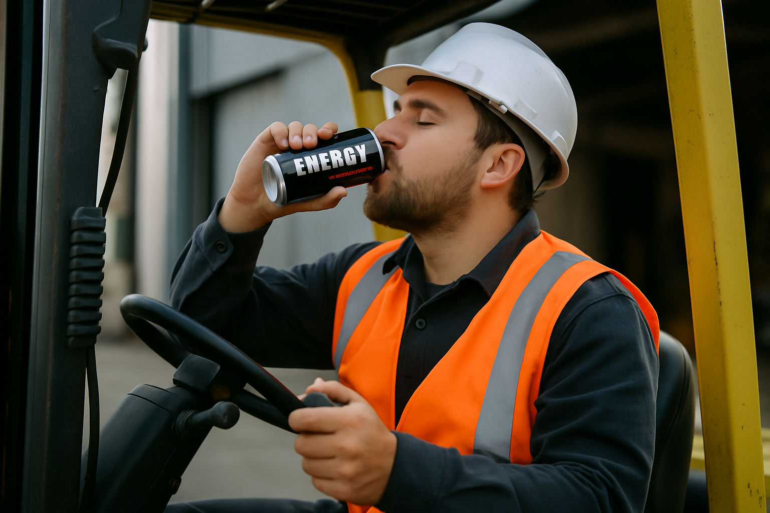 A forklift driver drinking an energy drink