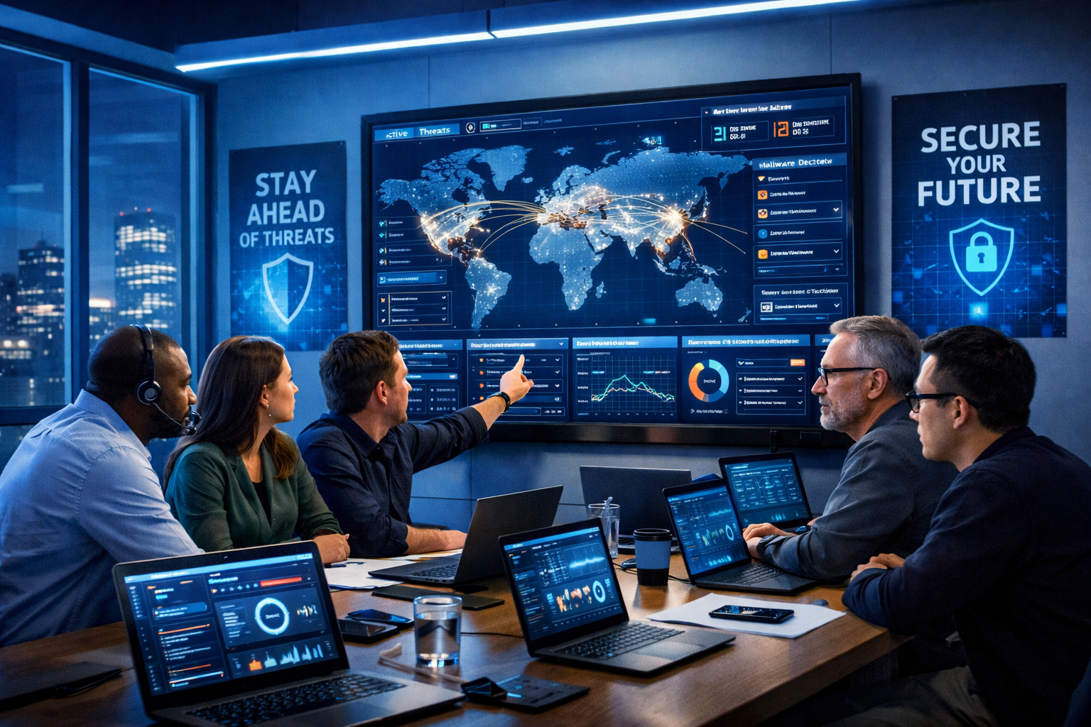 The image features a sleek, modern office environment with a focus on cybersecurity. In the foreground, a diverse team of IT professionals huddles around a large digital screen displaying complex data analytics and threat maps, highlighting real-time monitoring of cybersecurity threats. The room is illuminated by soft blue LED lighting, creating a high-tech ambiance. On the walls, motivational posters emphasize the importance of cybersecurity, with slogans like 