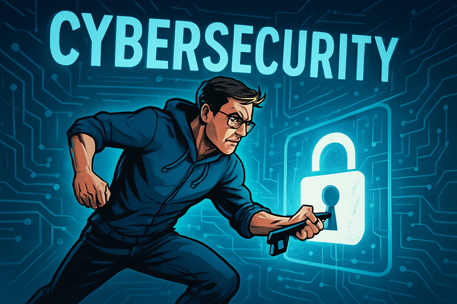 An action graphic of a man holding a key with the word cybersecurity in the background
