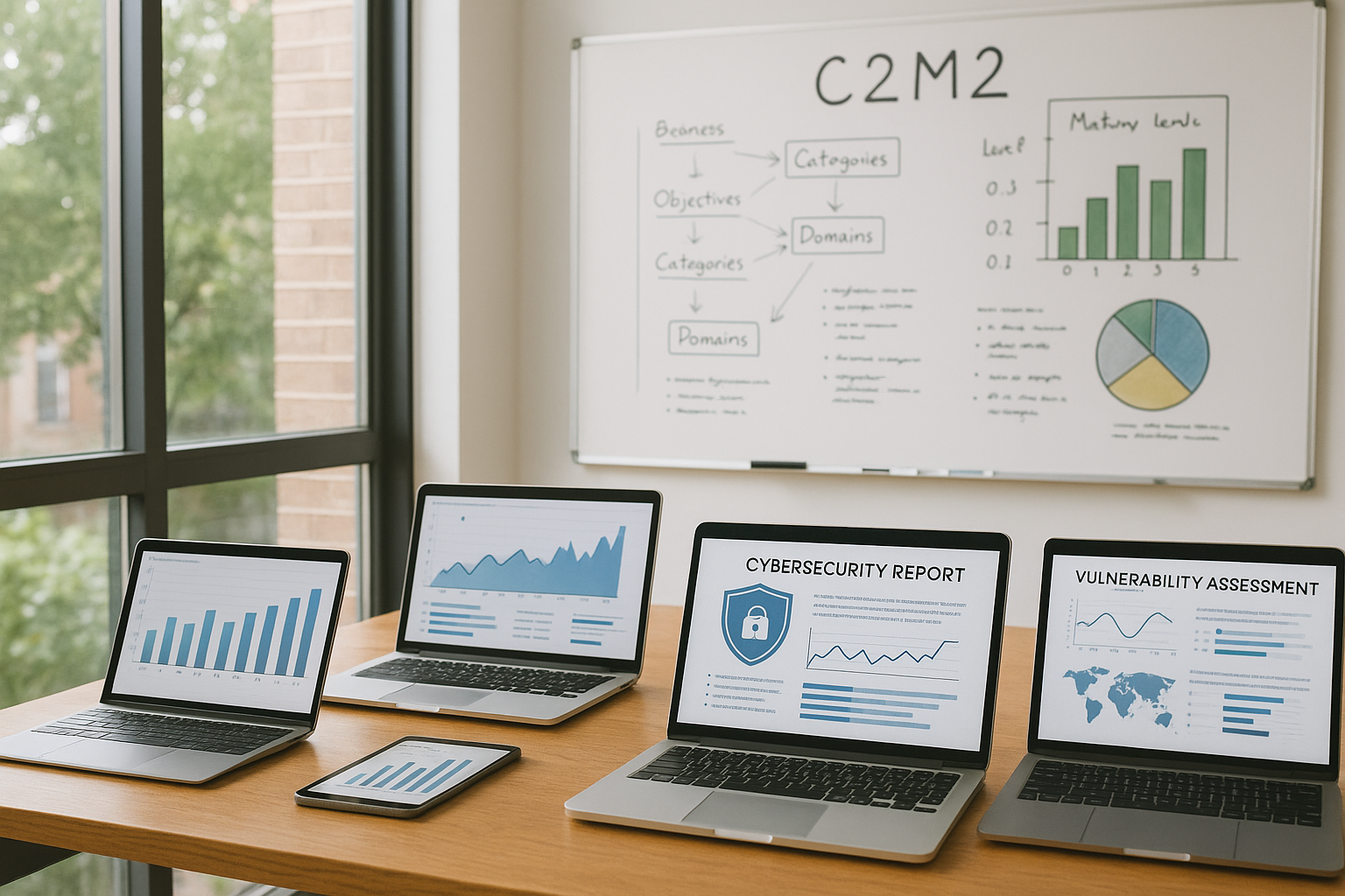 C2M2 cybersecurity report on laptops and whiteboard
