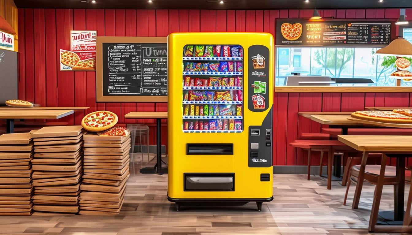 a vending machine inside a pizza shop