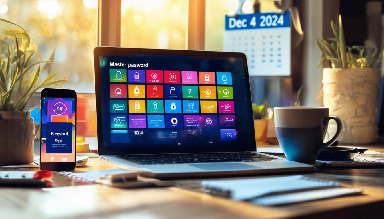 The image depicts a modern digital workspace, featuring a sleek laptop open to a vibrant interface of a password manager application. The screen displays colorful icons representing various online accounts, each locked with a small padlock symbol, signifying security. Surrounding the laptop are various tech gadgets, including a smartphone and a tablet, both showcasing the same password manager app. A stylish, minimalist desk holds a notepad with a handwritten note titled