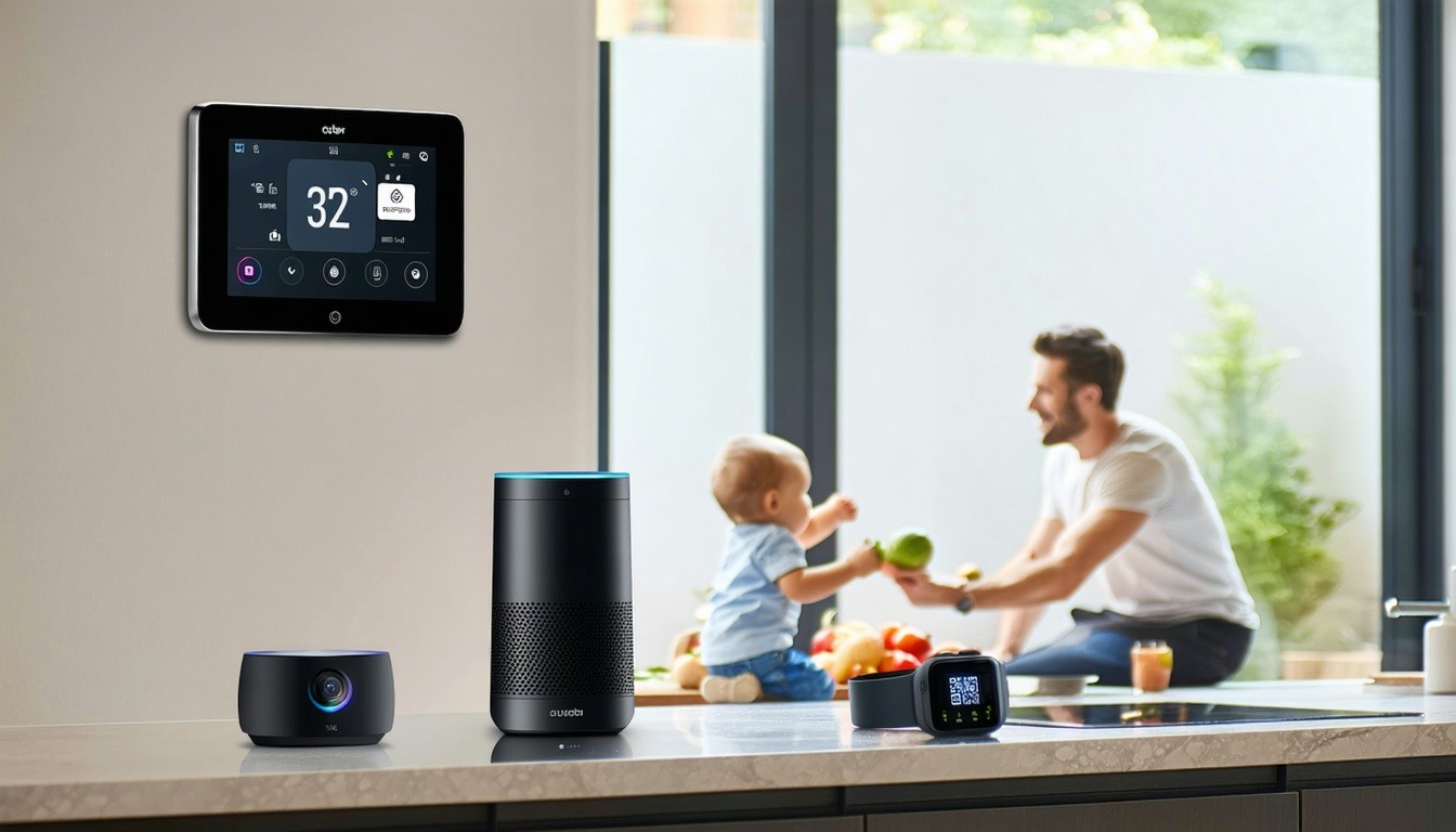 smart home devices with a father and child paying behind