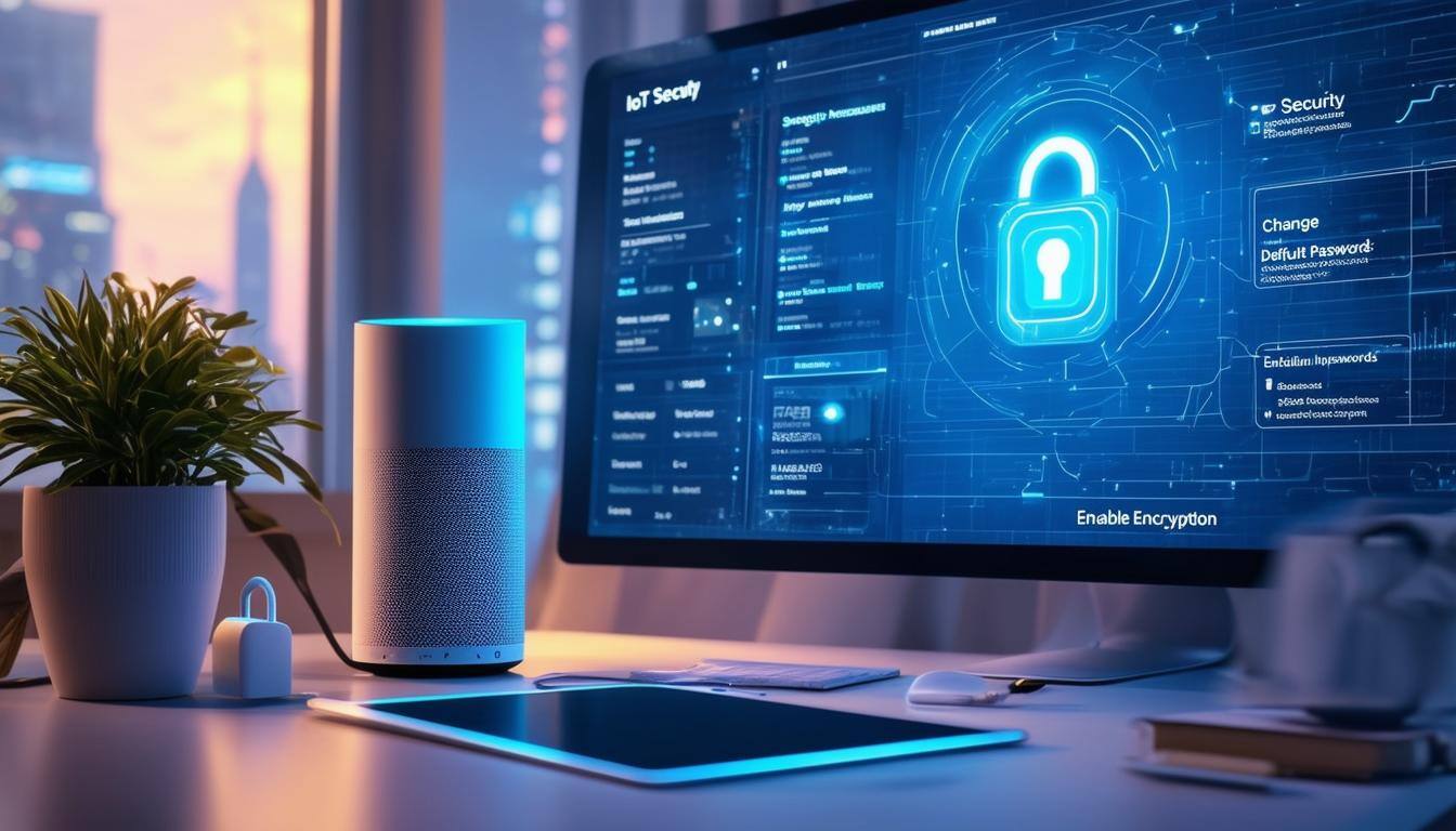 The image depicts a modern workspace featuring a sleek desk with multiple interconnected IoT devices, including a smart speaker, a tablet, and a smart thermostat. A digital screen in the background displays data analytics and security alerts related to IoT device activity. The workspace is bathed in soft, ambient lighting, creating a tech-savvy and inviting atmosphere. A lock icon is prominently displayed on the screen, symbolizing security. Nearby, a notepad with a checklist titled