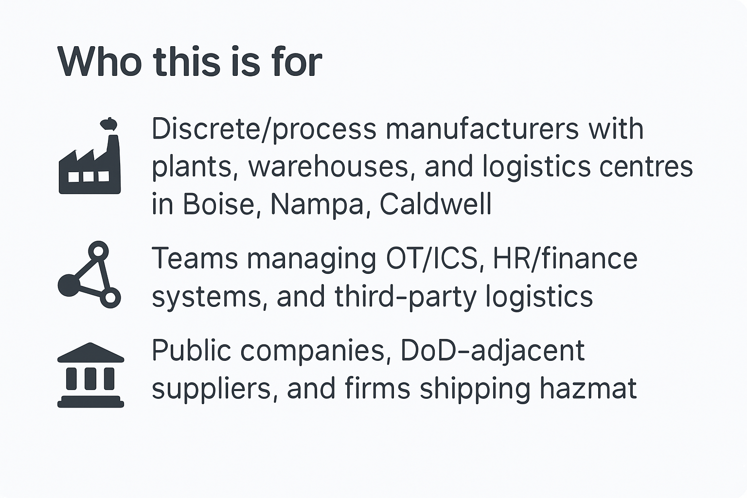 Who this is forDiscreteprocess manufacturers with plants warehouses and logistics centers in Boise Nampa CaldwellTeams managing OTICS HRfinance systems and thirdparty logisticsPublic companies DoDadjacent suppliers and firms shipping hazmat-1