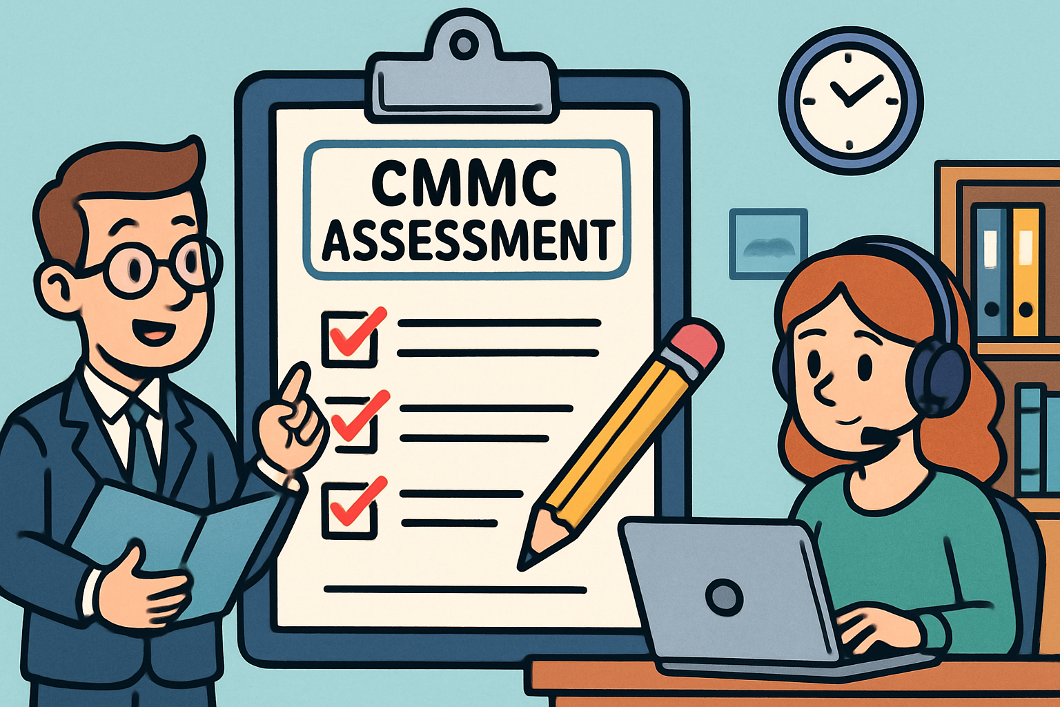 a cartoon style image of a CMMC assessment