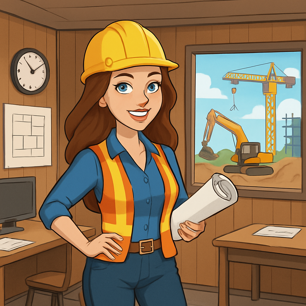 a cartoon style image of a female construction foreman at the site trailer office