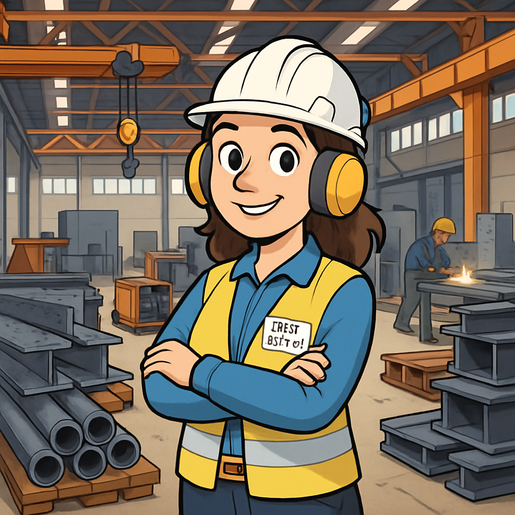 a cartoon style image of a female plant manager in a steel fabrication facility