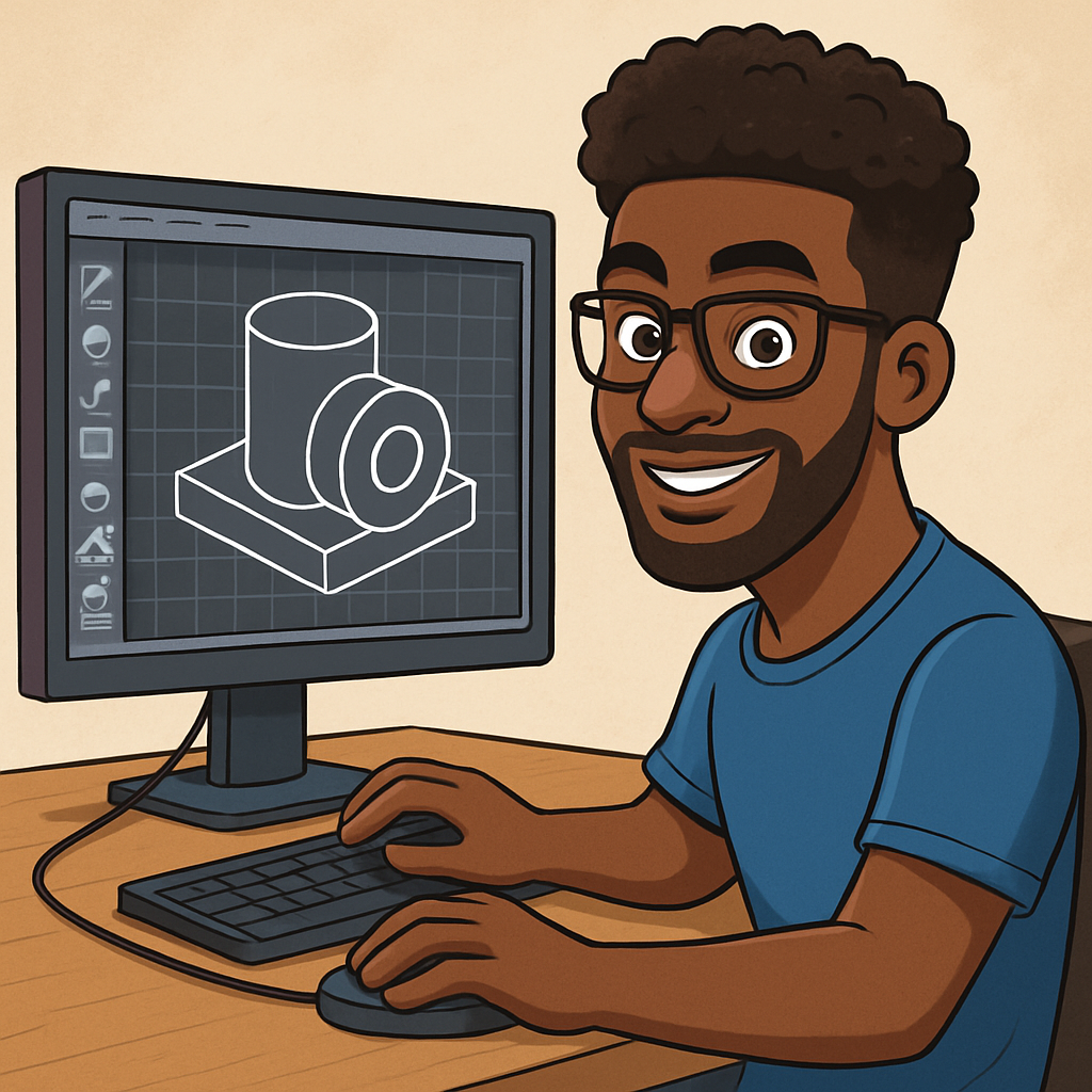 a cartoon style image of a black man with glasses working in a CAD program