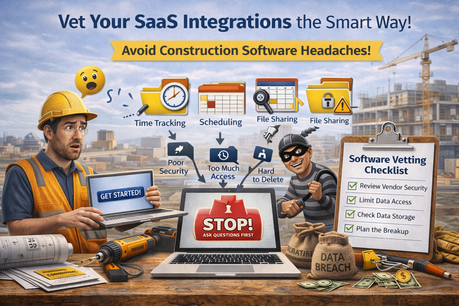 construction person with SaaS  controls up and a robber