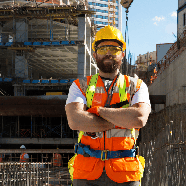 Construction worker with harness on
