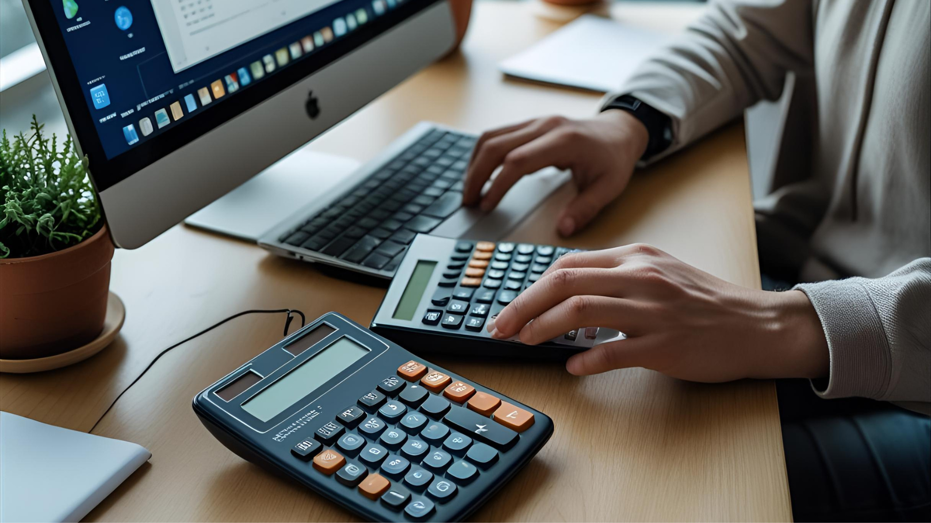 two calculators on a desk with a monitor