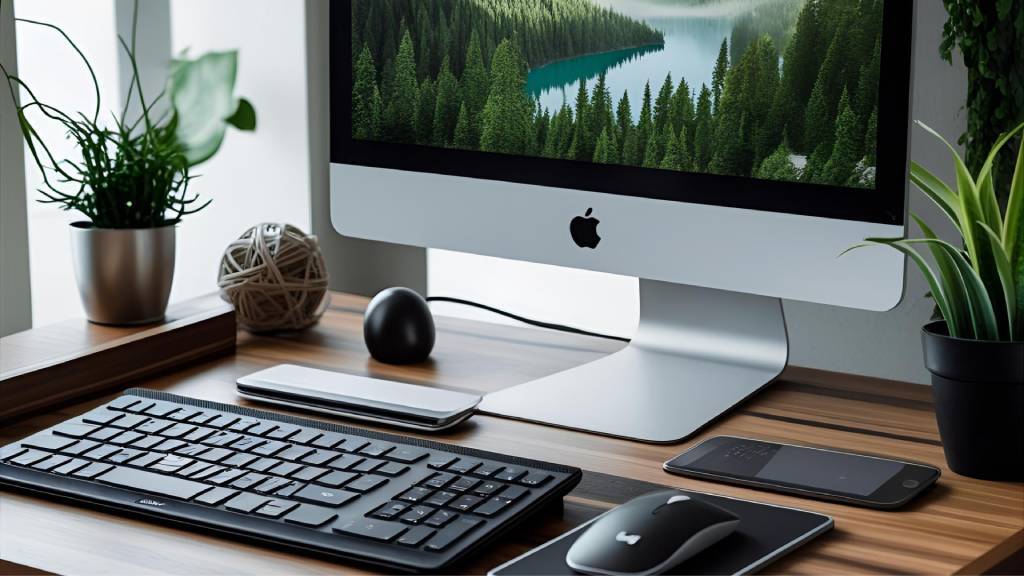 keyboard mouse and apple monitor on a desk