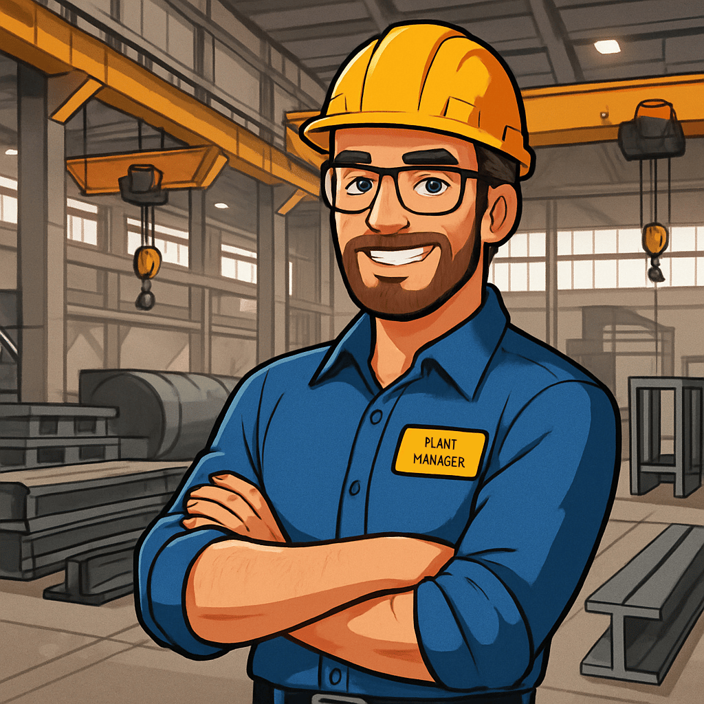 A cartoon style image of a plant manager in a steel manufacturing facility