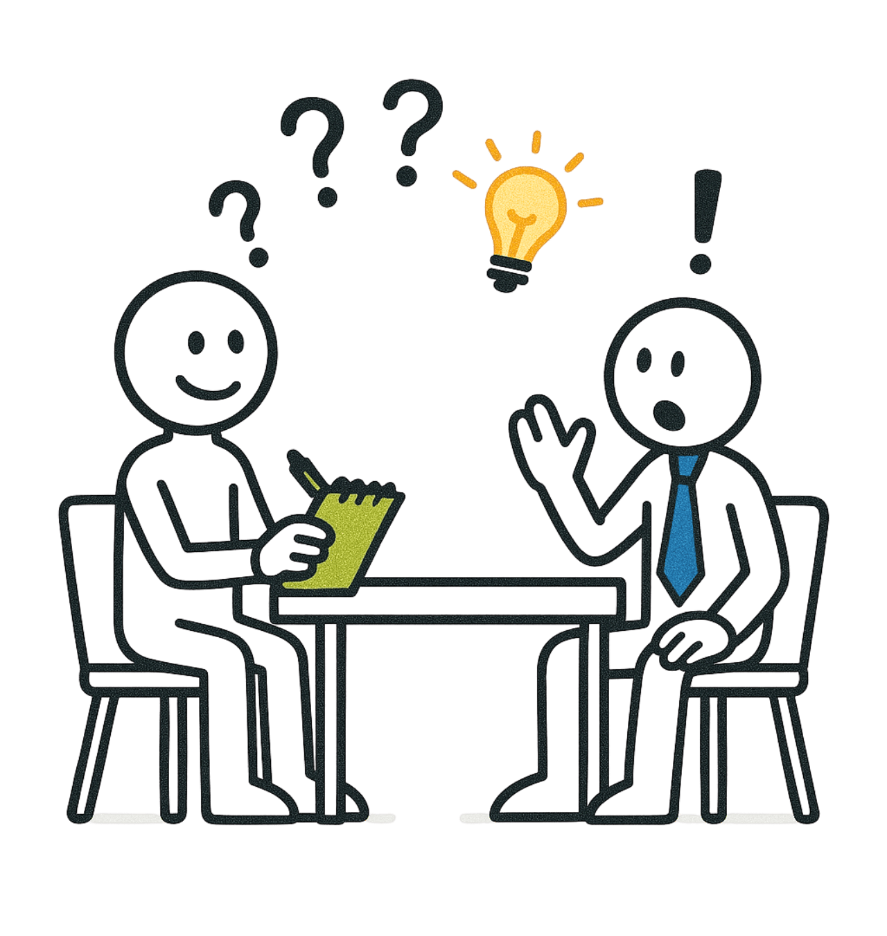 Two people sitting at a table questioning things