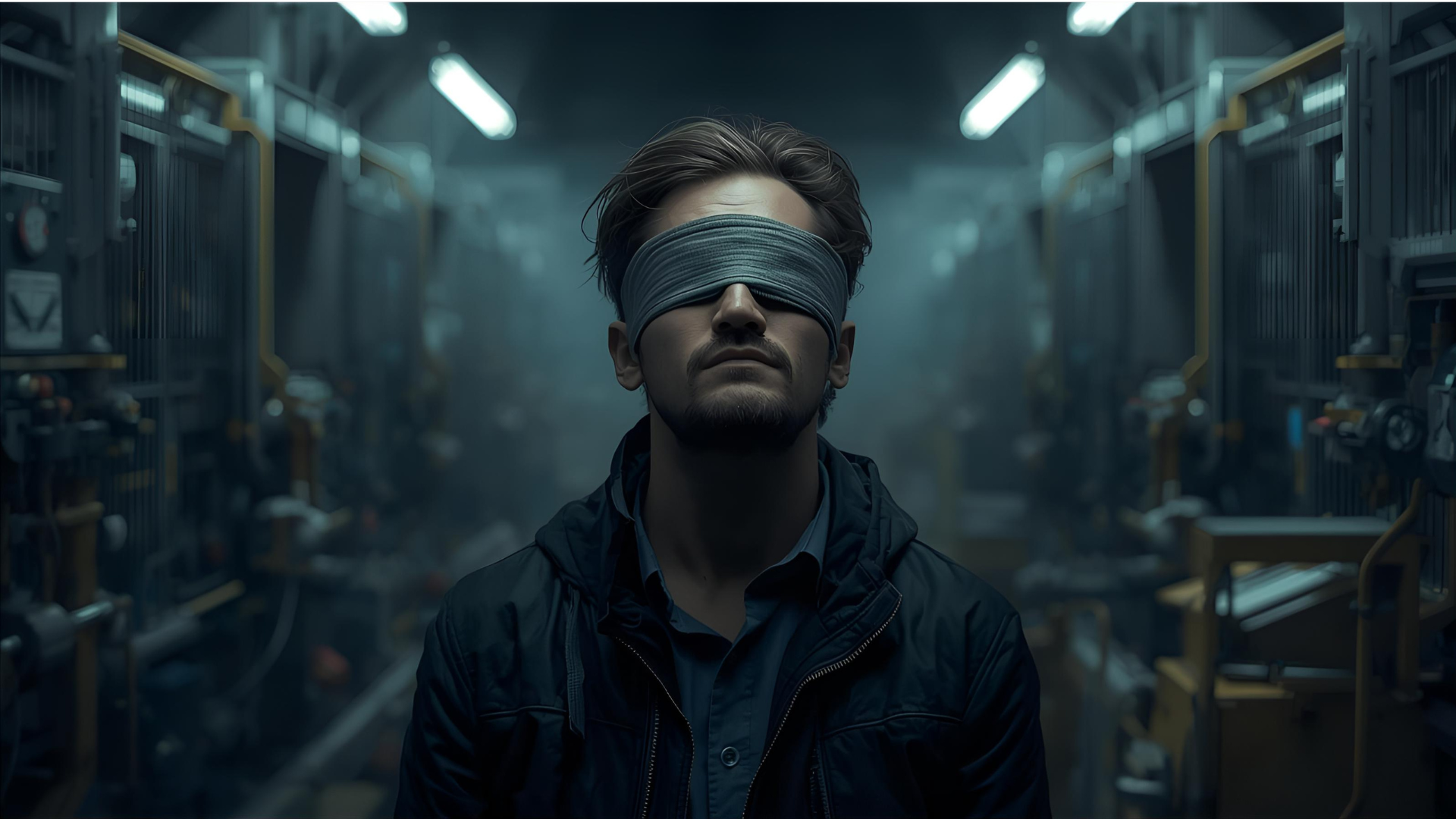 person with a blindfold on in a manufacturing plant