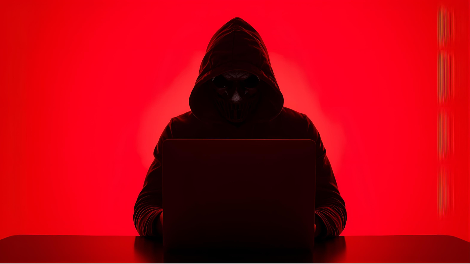 hacker sitting at a table with red background