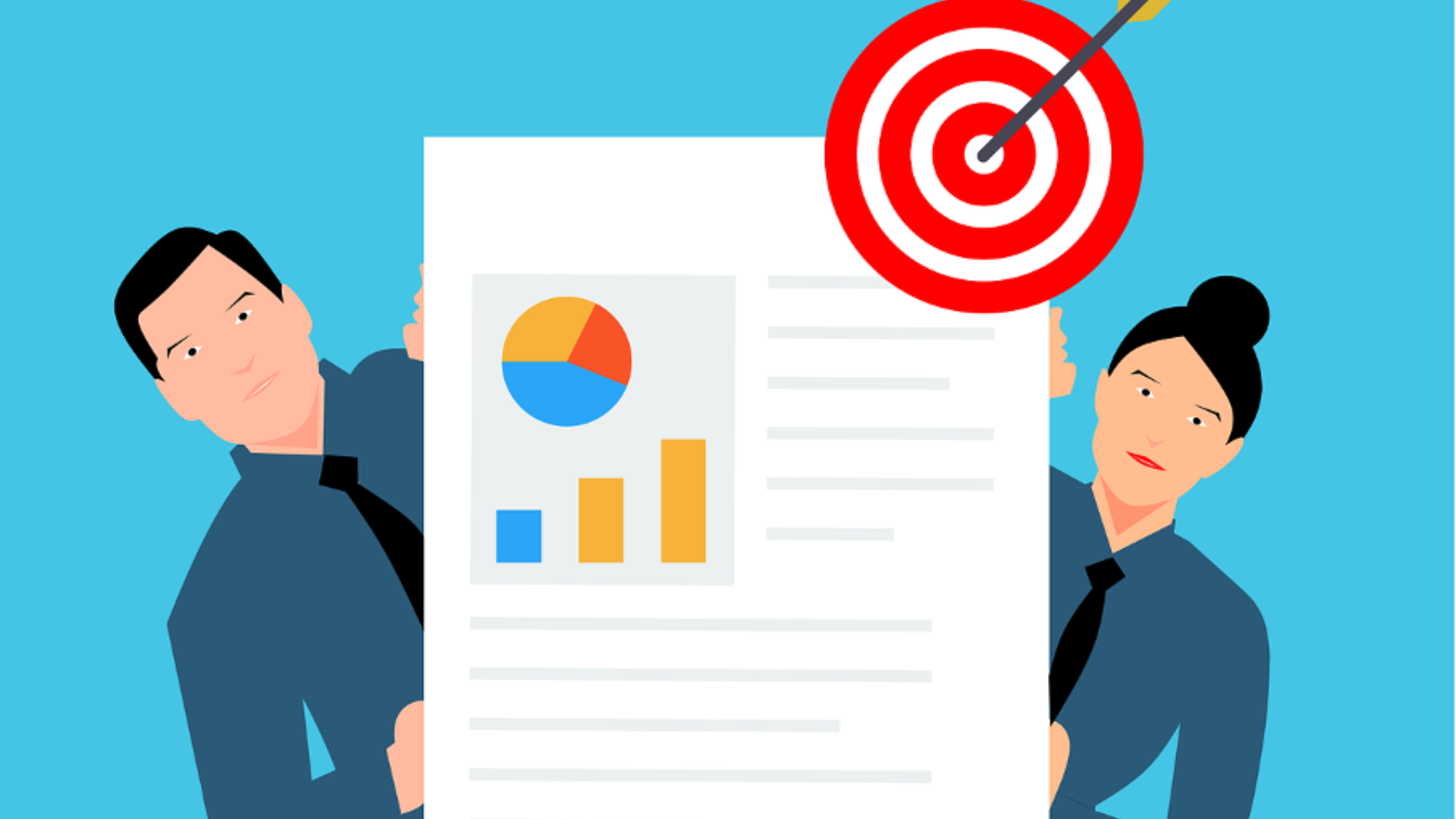 people standing in front of a paper with chart and bullseye