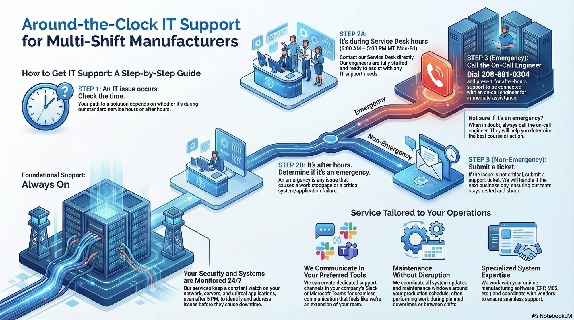 Infographic of how TotalCare IT offers around-the-clock IT support for multi-shift manufacturers