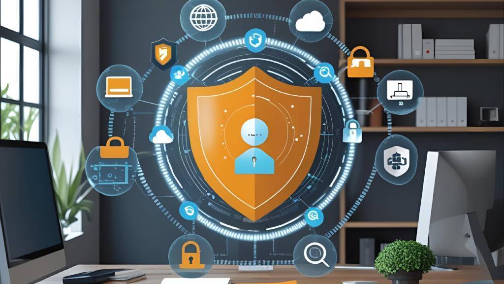 office with icons of security connecting to others