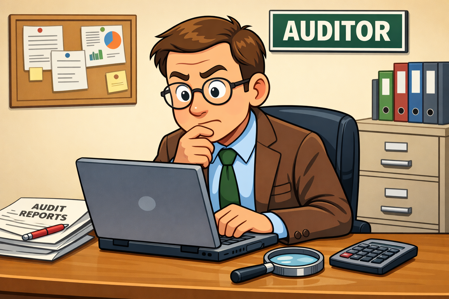 A 2D cartoon style image of an auditor looking at a laptop