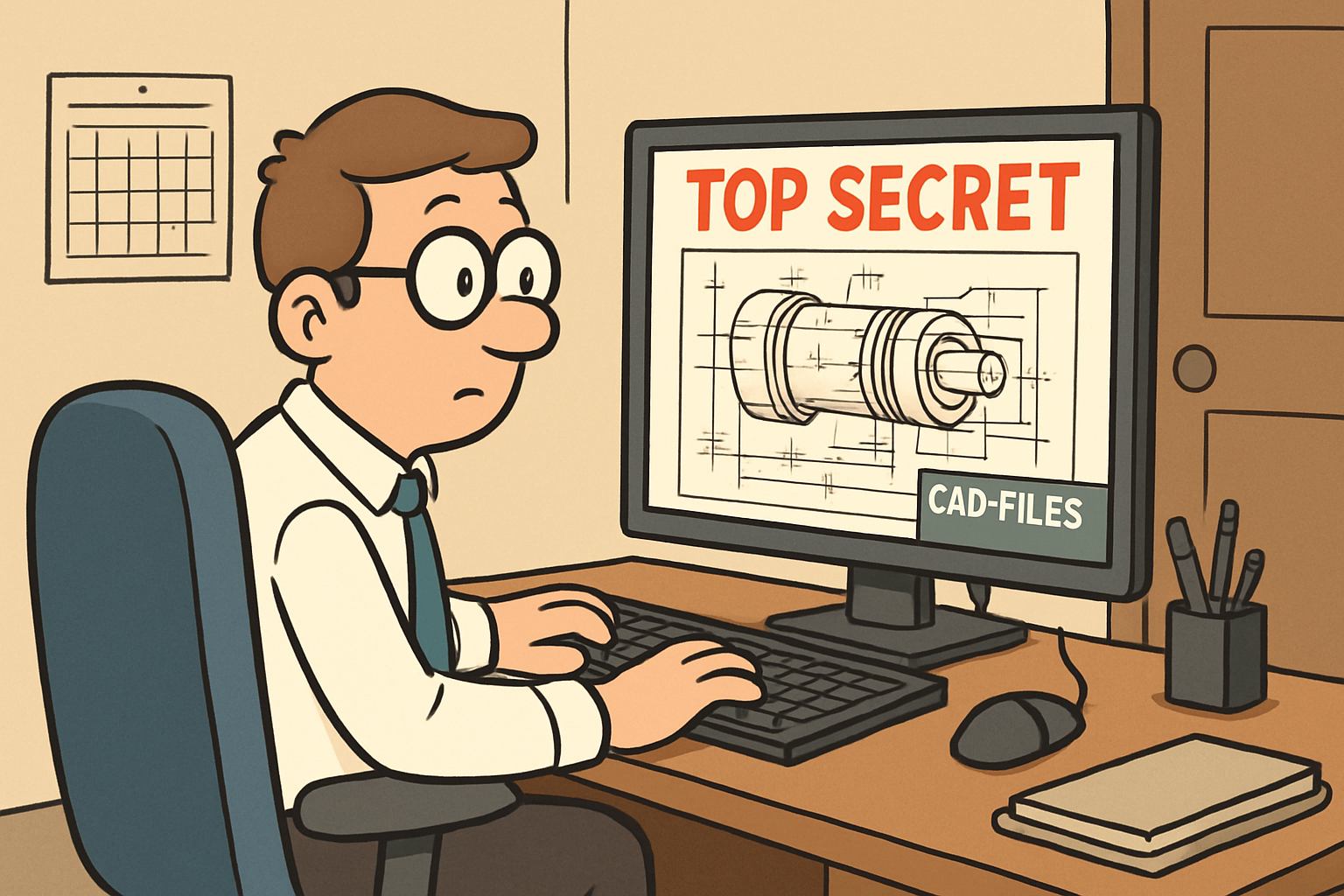 A cartoon style image depicting an office viewing top secret CAD files on a desktop-1