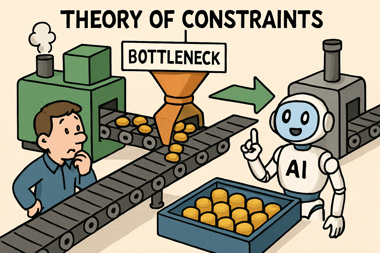 A cartoon style image depicting the Theory of Constraints in manufacturing  show a bottleneck fixed by AI-1