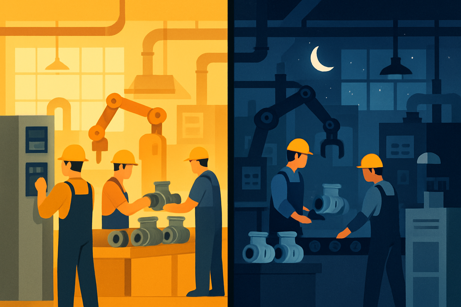 an image depicting a manufacturing plant running two shifts  one during the day and one at night-1