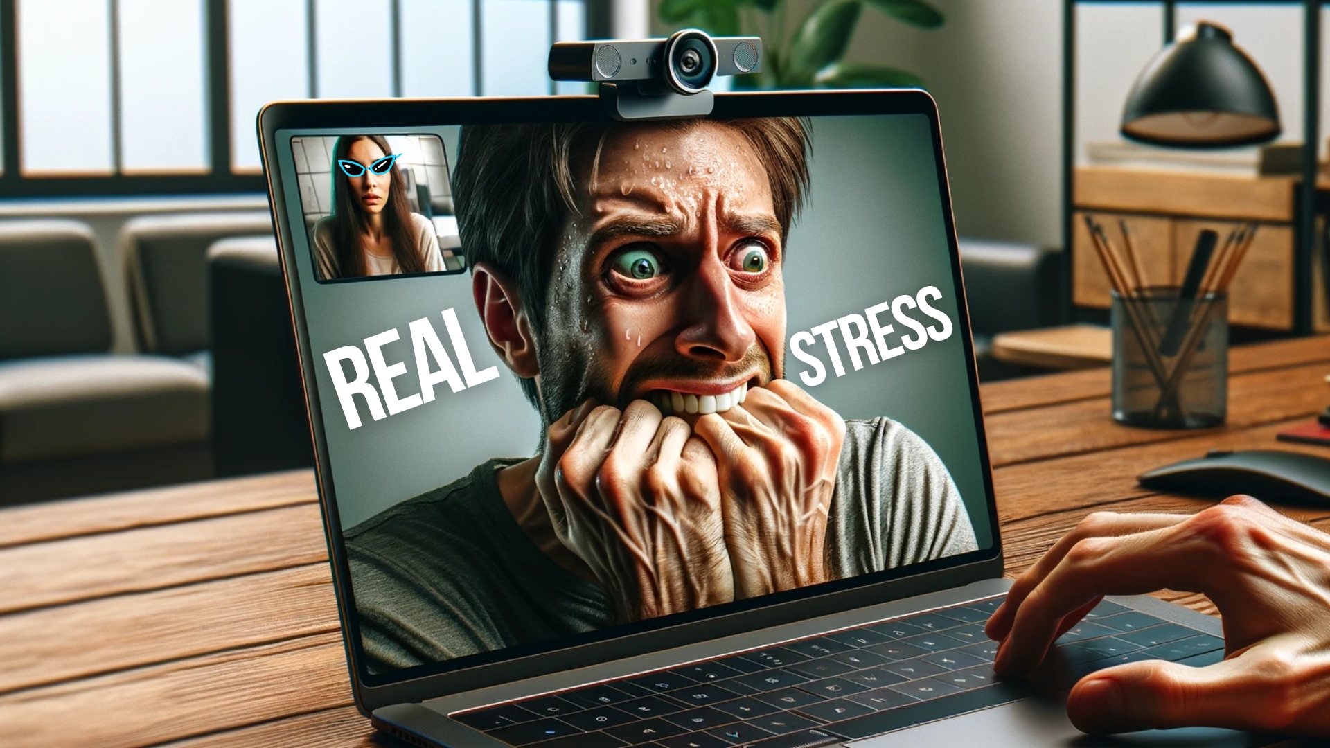 man in video meeting biting his nails stressed