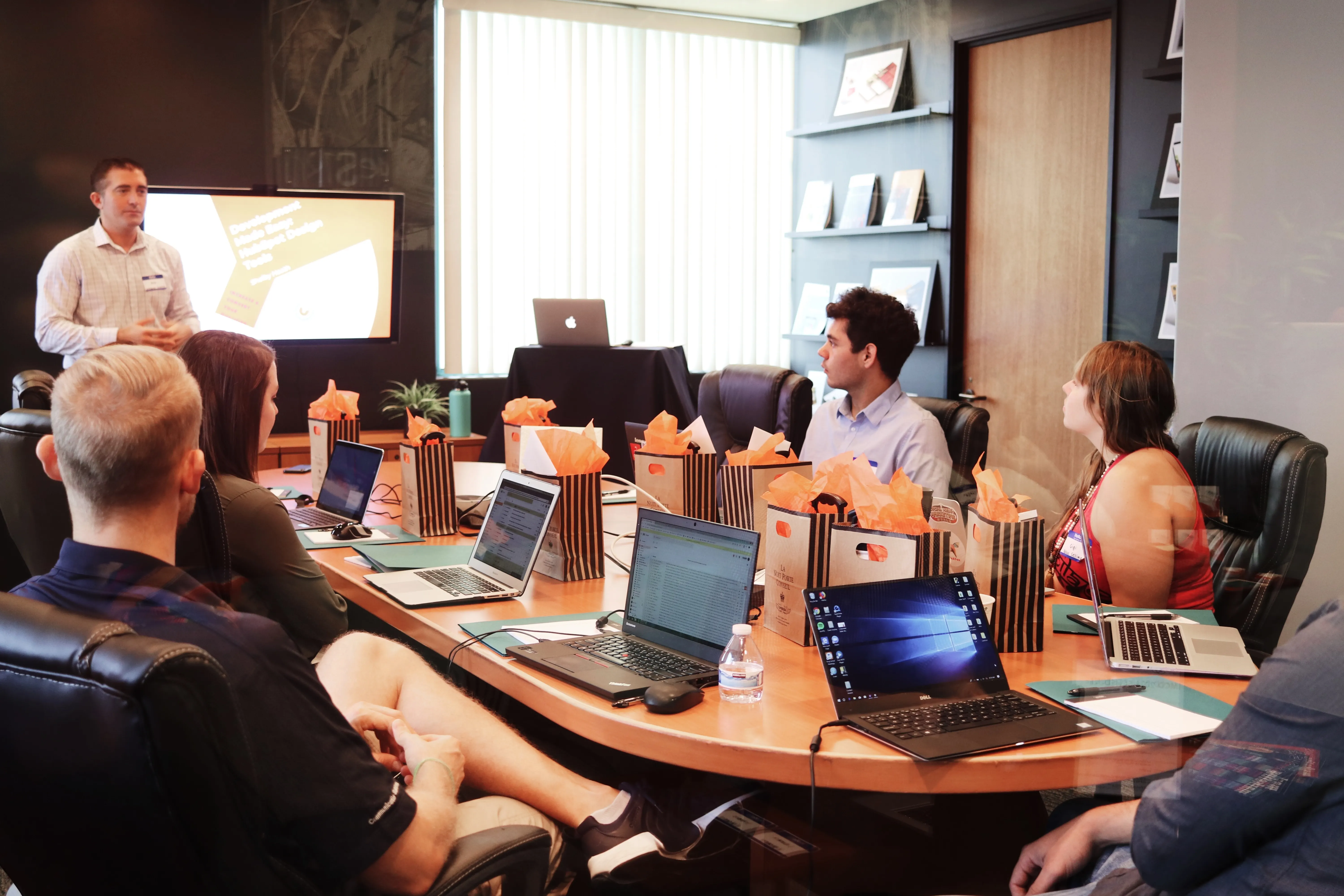 Meeting in a boardroom at headquarters