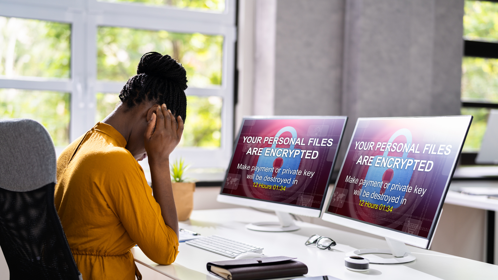 distressed woman looking at computer screens that say 