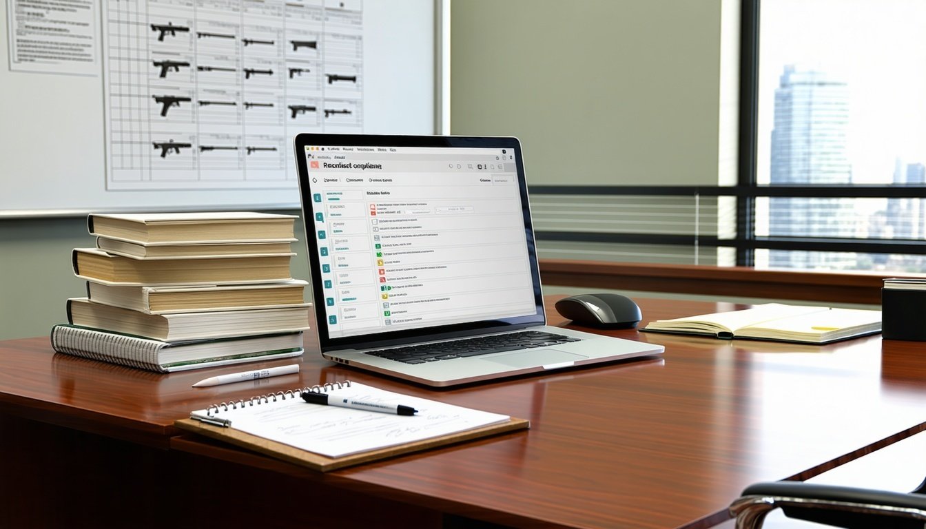 A well-organized office environment featuring a large wooden desk with a laptop open to a compliance software interface for firearms recordkeeping. On