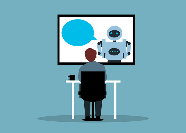 Graphic of man sitting at desk. On a large screen is a robot.