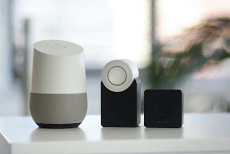 white and grey google smart speakers